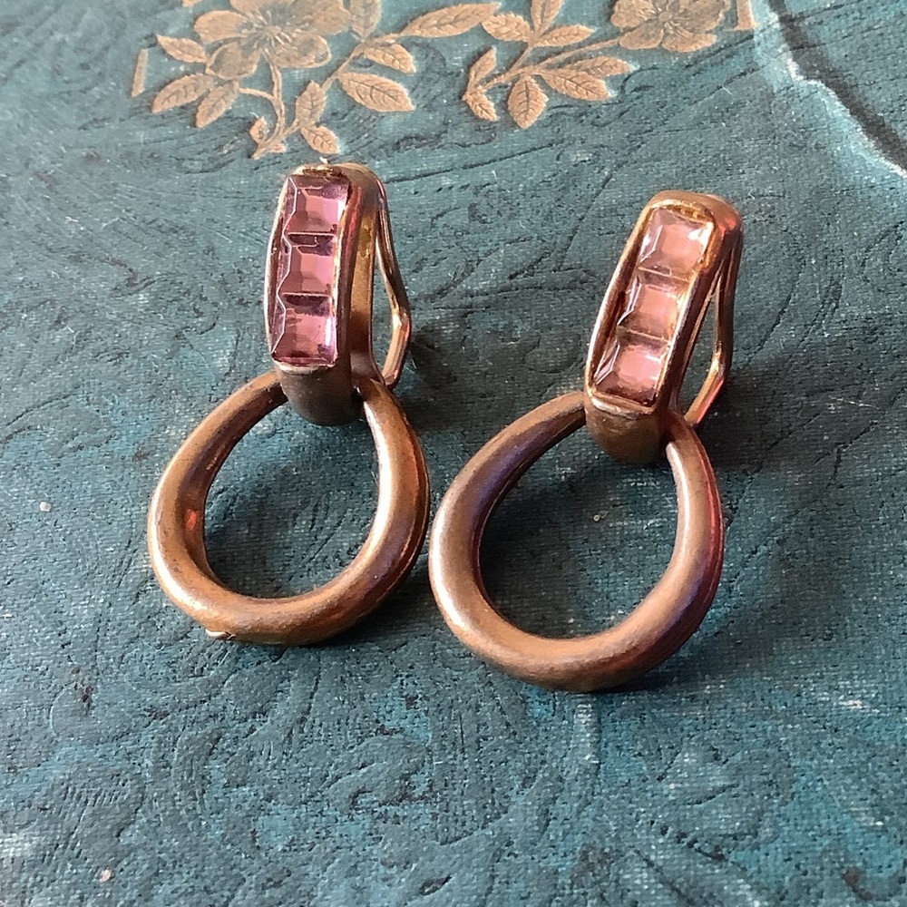 Vintage Pink Rhinestone + Gold Tone Clip Back Earrings